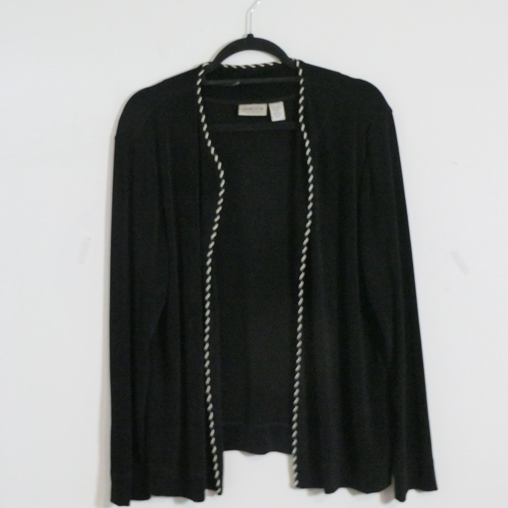 Chicos Womens Travelers Cardigan 3 Black Rope Trim Lagenlook Layering Travel